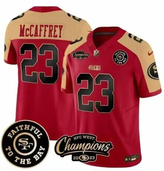 Men's San Francisco 49ers Active Player Custom Red Faithful & 2023 F.U.S.E. West Champions Patch Vapor Limited Stitched Football Jersey